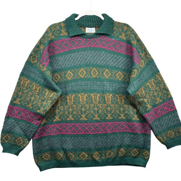 Vintage Benetton Sweater Mens Large Fair Isle Collar Made in Italy 90s Green - Picture 1 of 7